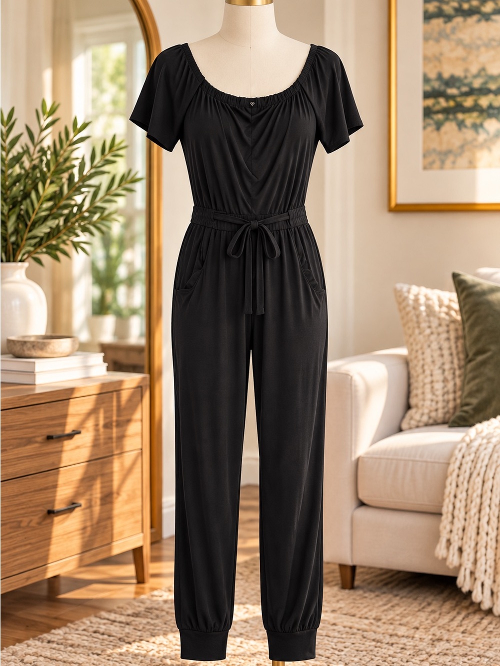 Amazon Navy Blue Short-Sleeve Drawstring Waist Jumpsuit